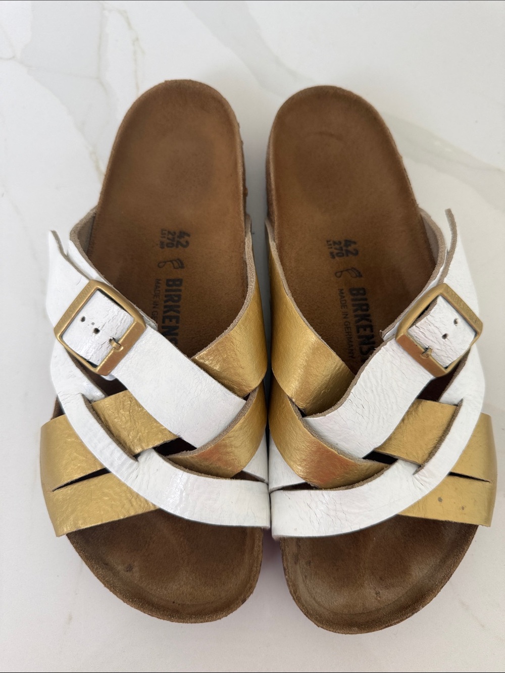 Birkenstock custom Lugano White and Gold Crisscross Leather Sandals 11 42 R